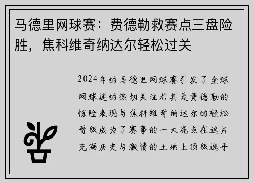 马德里网球赛：费德勒救赛点三盘险胜，焦科维奇纳达尔轻松过关