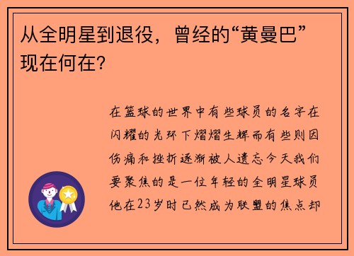 从全明星到退役，曾经的“黄曼巴”现在何在？